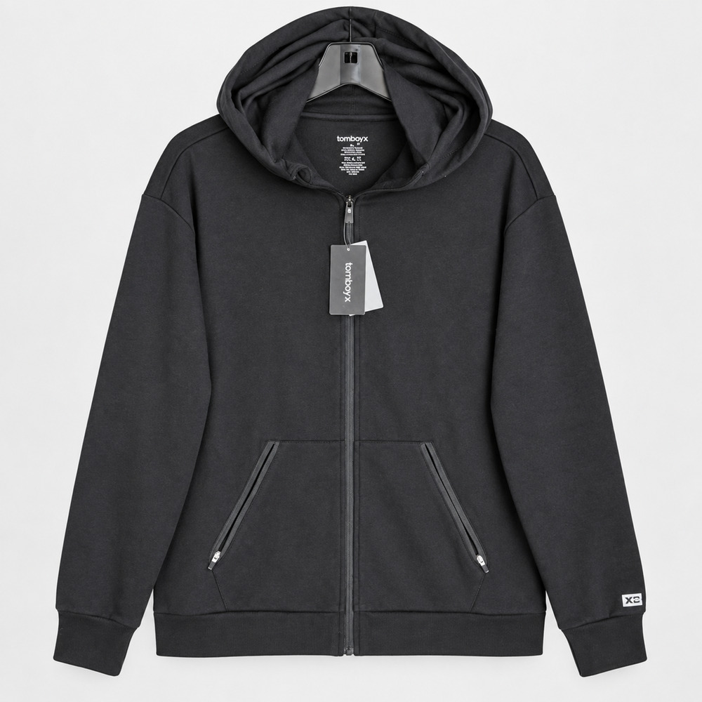 TomboyX Constant Hoodie Unisex M Black Full Zip Organic Cotton Blend NWT